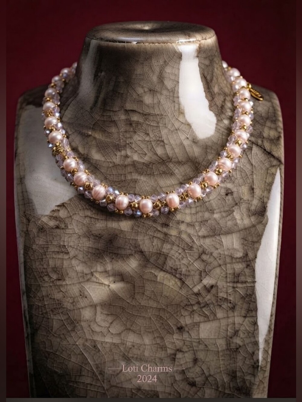 Delicate Pink RoseOpal AB Crystals & Pearls In Artisan Handwoven Beauty Necklace